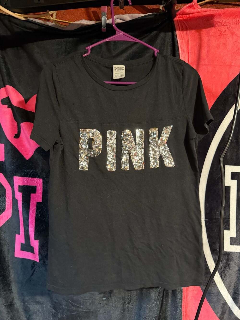 Victoria's Secret PINK Black T-Shirt with Sequin Bling Logo